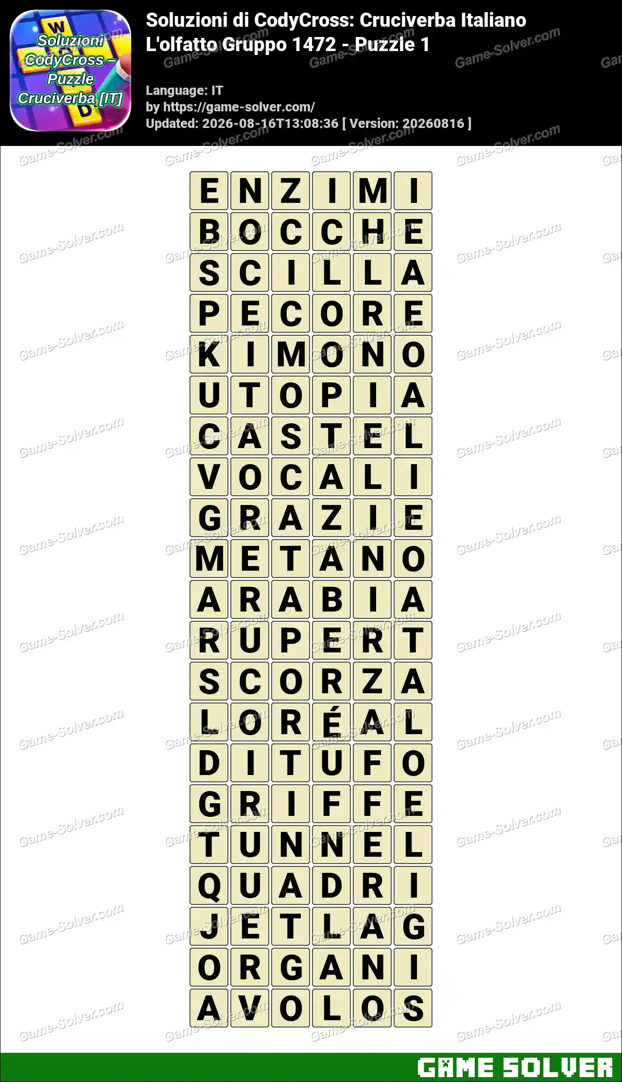 Soluzioni di CodyCross: Cruciverba Italiano L’olfatto Gruppo 1472 – Puzzle 1